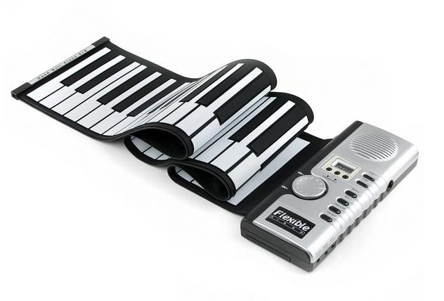 Foldable 61-key soft keyboard piano with speaker grille and white control surface