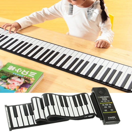 Flexible roll-up MIDI piano with 88 black and white keys being unfolded