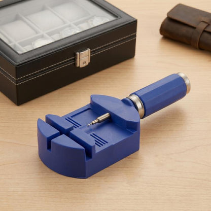 Blue watch strap adjuster tool with handle and screw pin