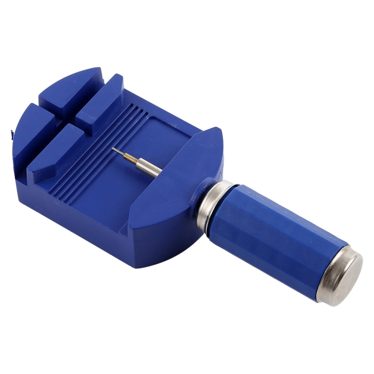 Blue watch strap adjuster tool with metal screw pin and ridged jaws