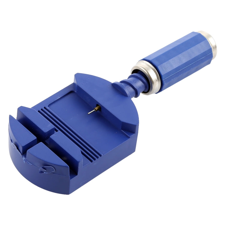 Blue watch strap adjuster tool with metal shaft and central lever