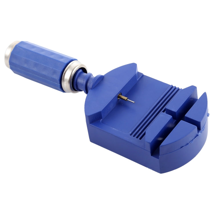 Blue watch strap adjuster tool with metal shaft and angled base