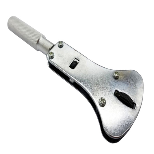 Watch case opener tool with textured grip and curved steel jaw, detail view
