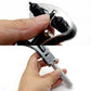 Watch case opener held by hands, steel head with black inserts and textured handle