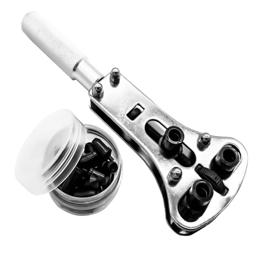 Stainless steel watch case opener tool with textured handle and multiple bits