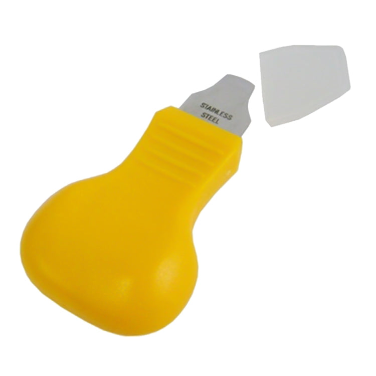 Yellow-handled watch case opener with two grey metal tips
