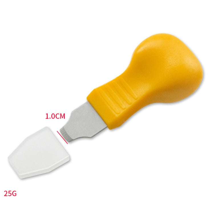 Yellow watch case opener tool with grey metal blade and small flat head