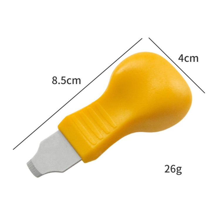 Yellow watch case opener with grey metal head and ridged grip section