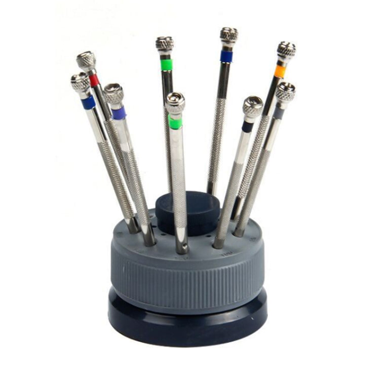 9-piece watch repair screwdriver set with holder, metal shafts and colored grip rings