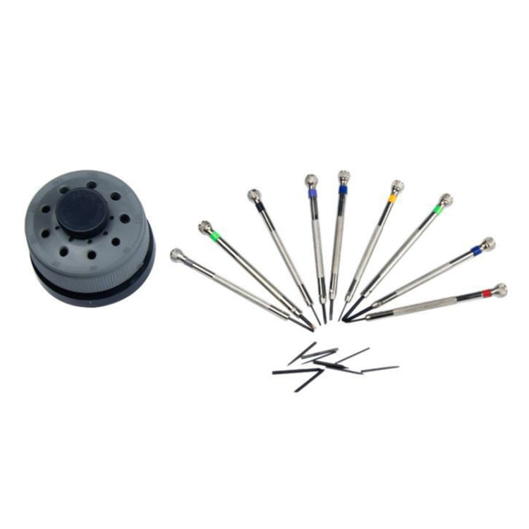 Watch repair screwdriver set with round base and 9 metal tools, colored tips