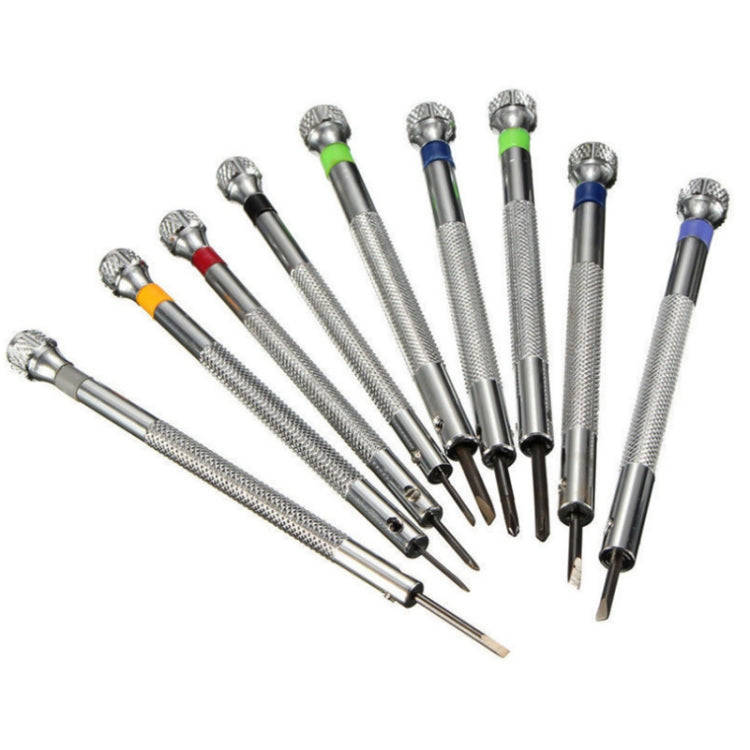 Watch repair screwdrivers set of 9, textured metal handles with colored rings