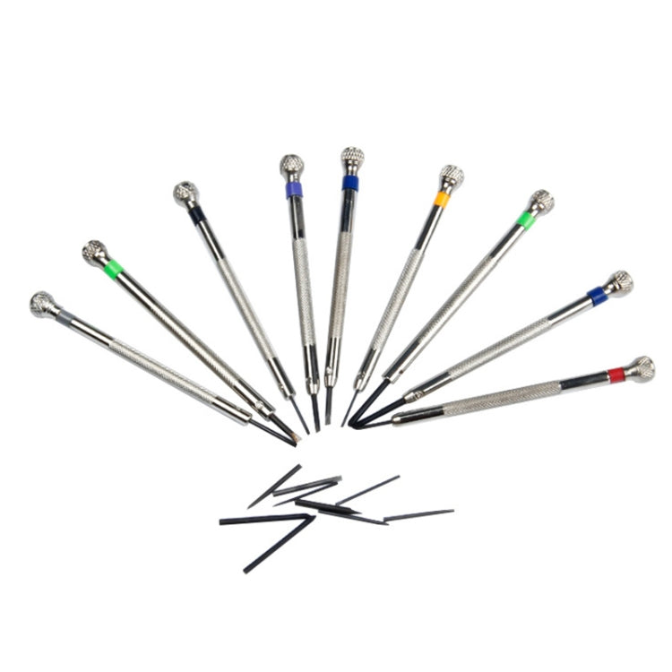 Watch repair screwdriver set of 9 tools, fanned out with colored accent rings