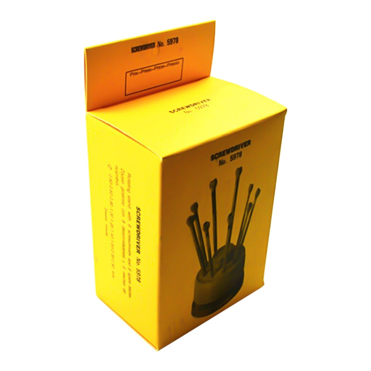 Watch screwdriver tool set box with yellow packaging and black illustration of tools