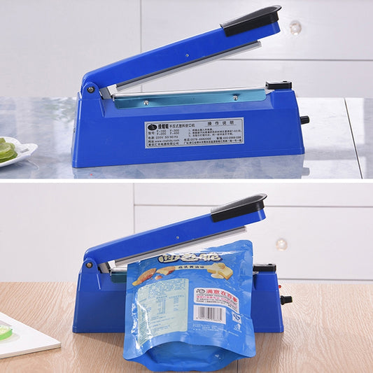 Blue 200mm impulse heat sealer with adjustable sealing head and seal-ready tray