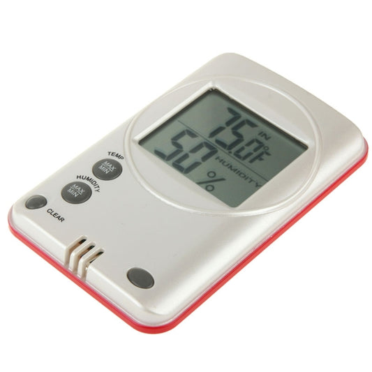 Portable digital hygrometer thermometer with backlit LCD, white body and red trim