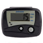 Black digital electronic pedometer showing step count 15 on the LCD screen.