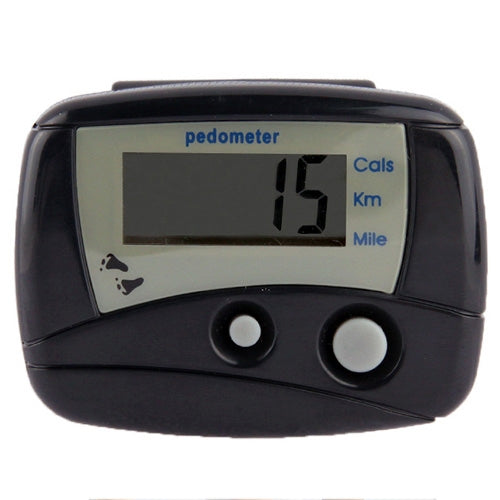 Black digital electronic pedometer showing step count 15 on the LCD screen.
