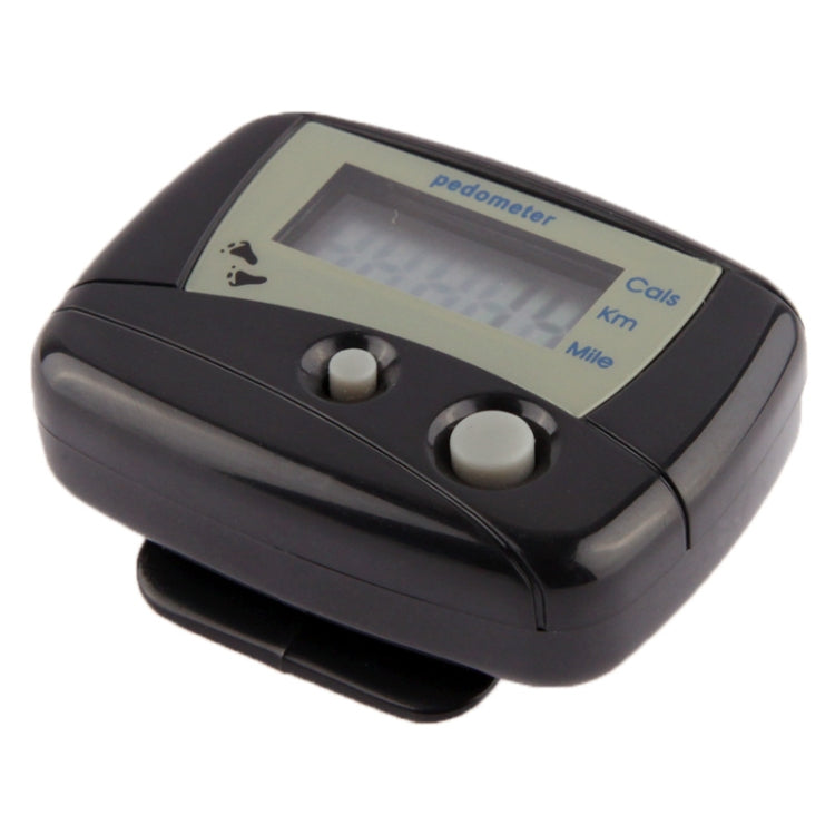 Black digital pedometer angled view with LCD screen and two front buttons.