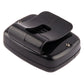 Black digital pedometer back with belt clip and small screw on casing.