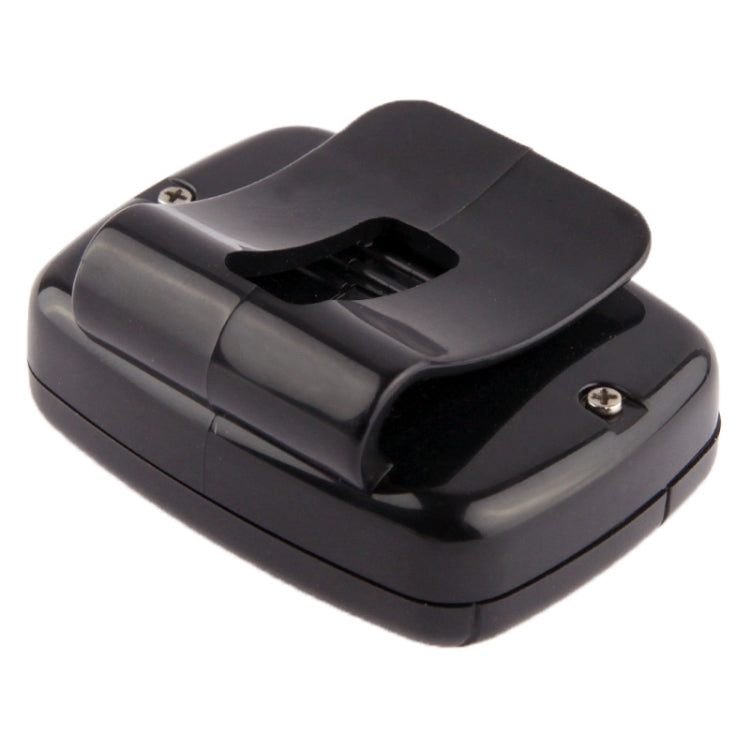 Black digital pedometer back with belt clip and small screw on casing.