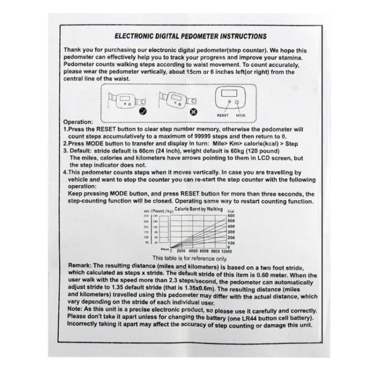 Electronic digital pedometer instructions sheet with diagrams and operation details.