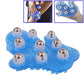 Blue palm-shaped handheld massager with nine silver massage balls and textured ridges