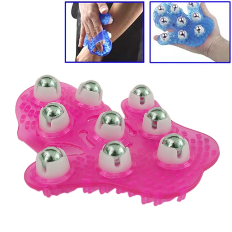 Magenta palm-shaped handheld massager with nine silver balls and spiked ridges