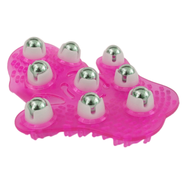 Magenta palm-shaped handheld massager with nine silver balls and ridged spikes