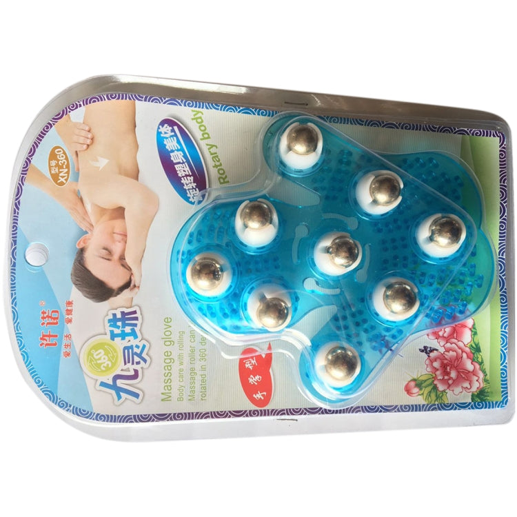 Blue palm-shaped handheld massager in retail box with nine silver massage balls