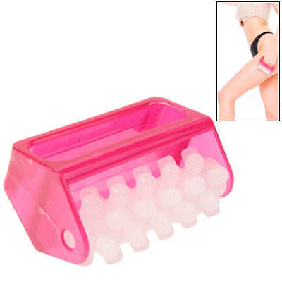 Pink plastic leg massager roller with white nodules and angled base