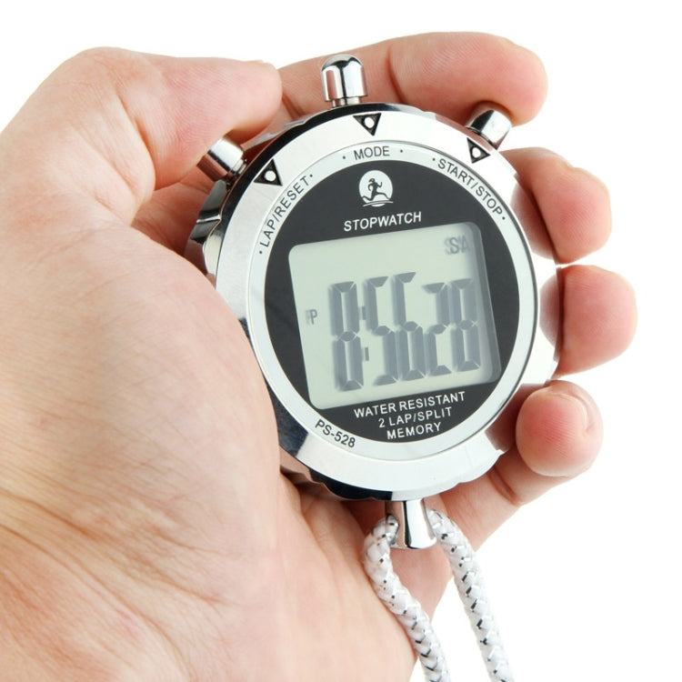 Handheld digital stopwatch with silver metal case, LCD display, and white braided strap