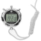 Metal digital stopwatch showing time on LCD, with chrome buttons and white braided lanyard