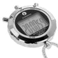 Digital stopwatch face with LCD screen, water resistance text, and chrome side buttons