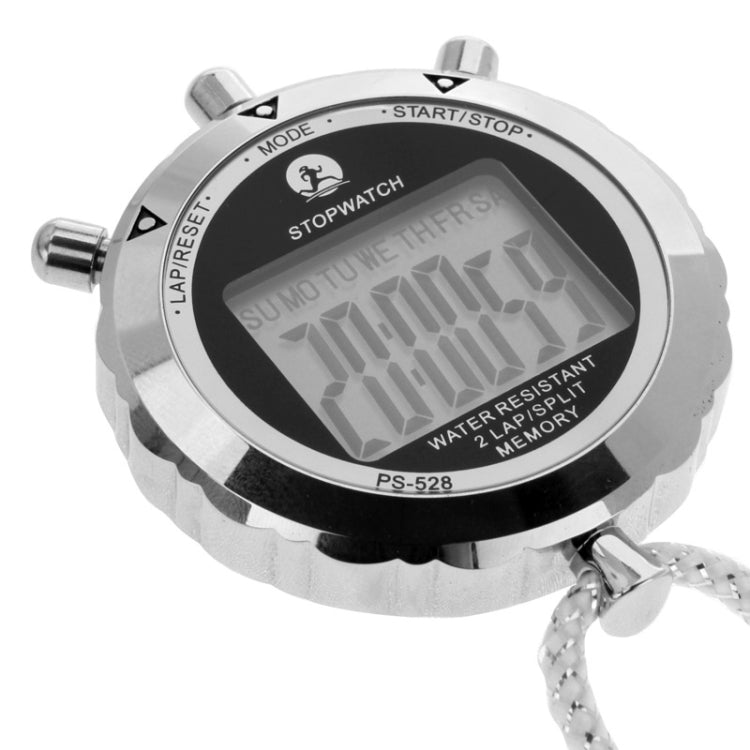 Digital stopwatch face with LCD screen, water resistance text, and chrome side buttons