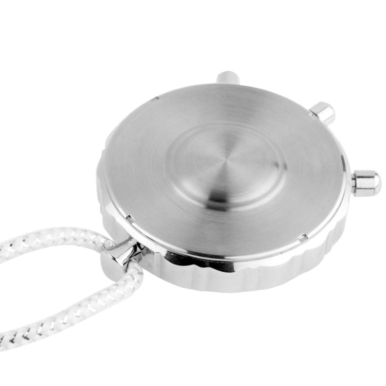 Round metal stopwatch back with silver finish and white braided strap loop