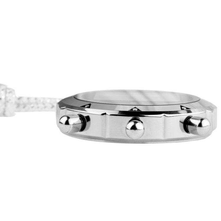 Silver metal stopwatch side with three buttons and white braided strap