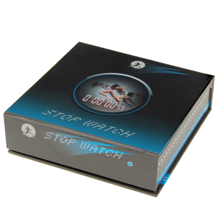 Stopwatch retail box with printed action image and blue accents