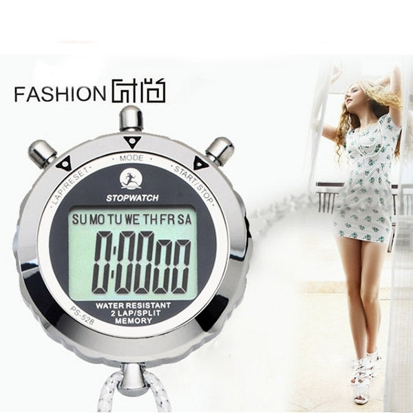 Handheld metal stopwatch with LCD display and white braided strap