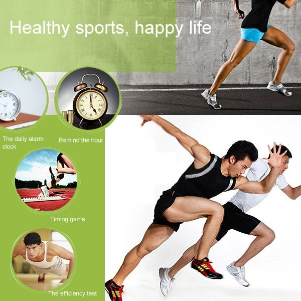 Stopwatch promotional graphic featuring a handheld timer and sport timing icons