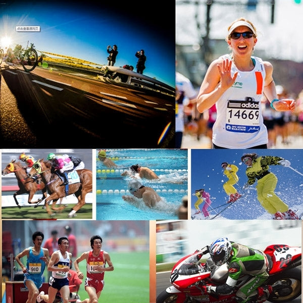 Sports timing promotional collage featuring stopwatch visuals and athlete activities