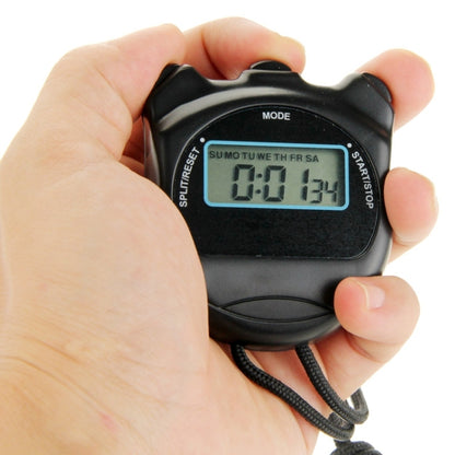 Black handheld digital stopwatch with strap and blue backlit LCD time display