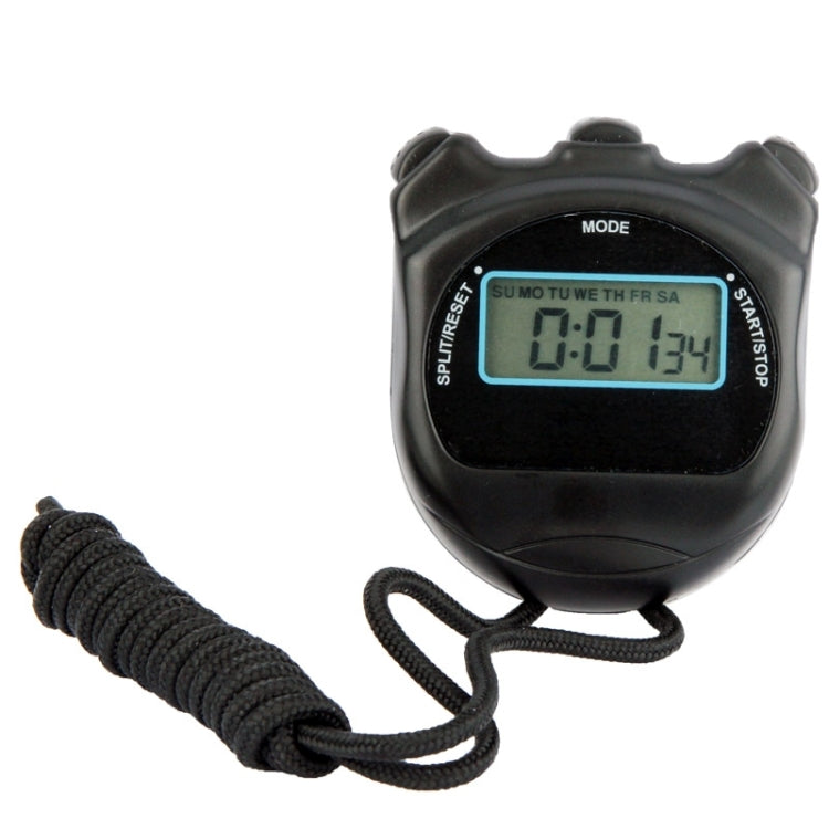 Black digital stopwatch with lanyard cord, blue LCD screen and MODE button