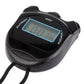 Black digital stopwatch angled view, blue LCD screen with START/STOP labels