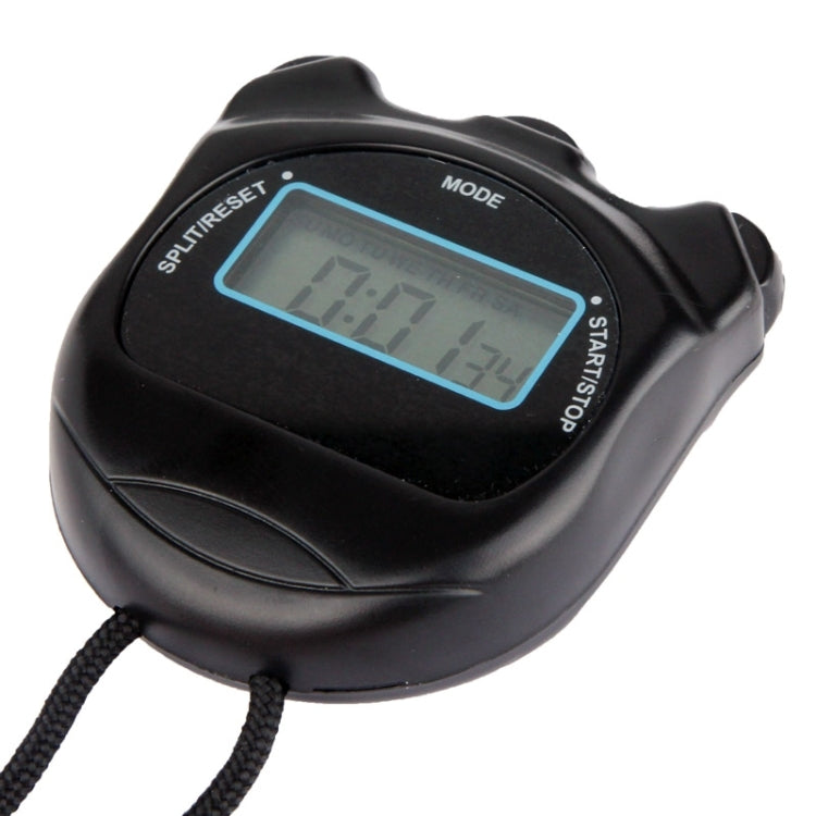 Black digital stopwatch angled view, blue LCD screen with START/STOP labels