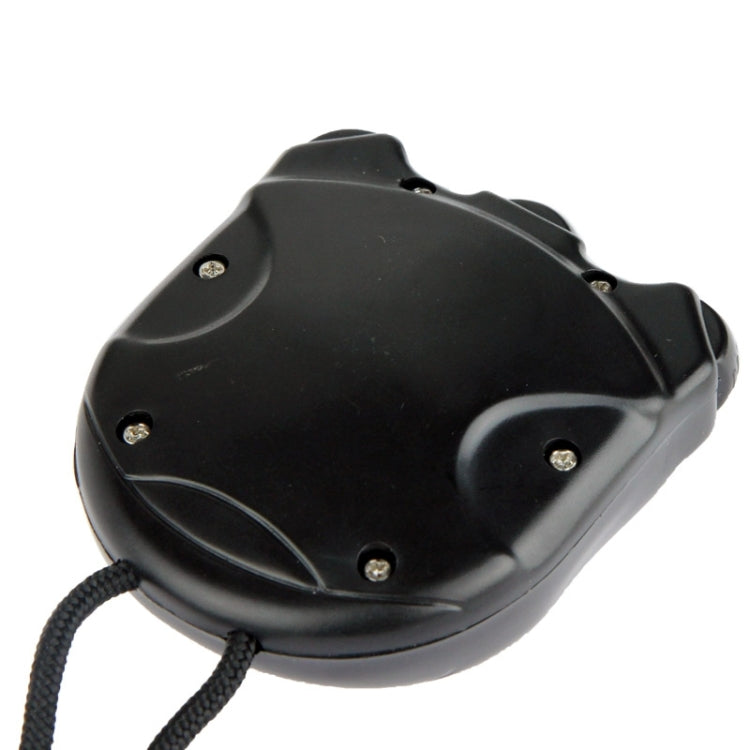 Black digital stopwatch back with mounting screws and lanyard cord connection