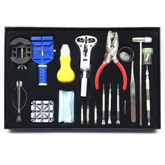 Watch repair tool kit in black case with screwdrivers, openers, and pliers