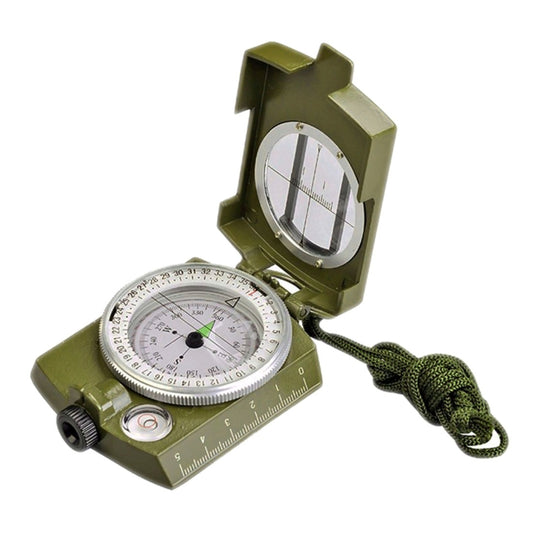 Army green military pocket compass with clear prism window and lanyard