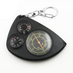 Black 3-in-1 outdoor measuring keychain with compass dial and thermometer gauge