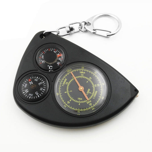 Black 3-in-1 outdoor measuring keychain with compass dial and thermometer gauge