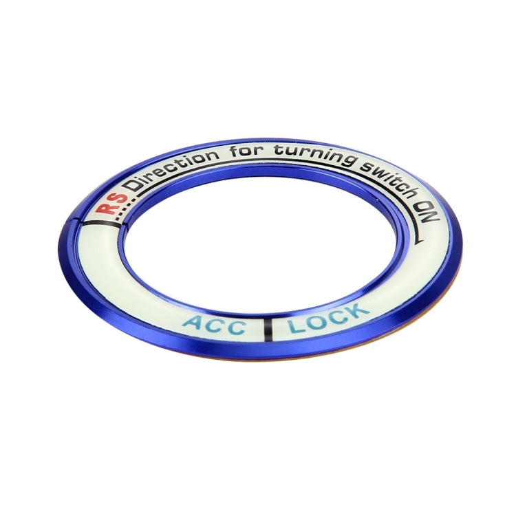 Blue aluminum ignition key ring with ACC and LOCK markings, round bezel